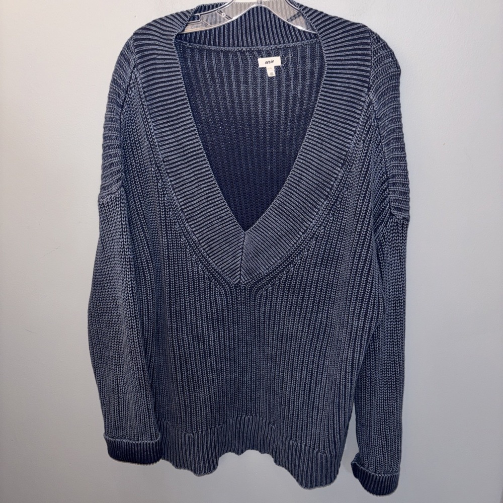 Aerie Navy Long Chunky V-Neck Knit Sweater Ribbed Oversized Women's‎ Size L
